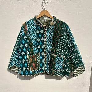 Indian Handmade Quilted Cotton Jacket Green Patchwork Women&#39;s Reversible Coat, Kimono Vintage Bohemian Jacket, Spring Style Gift For Her