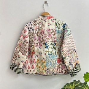 Patchwork Cotton Quilted Jacket Bohemian Winter wear Coat Reversible Short Jacket For Women's Handmade Stripe Piping Coat Boho New Style image 8
