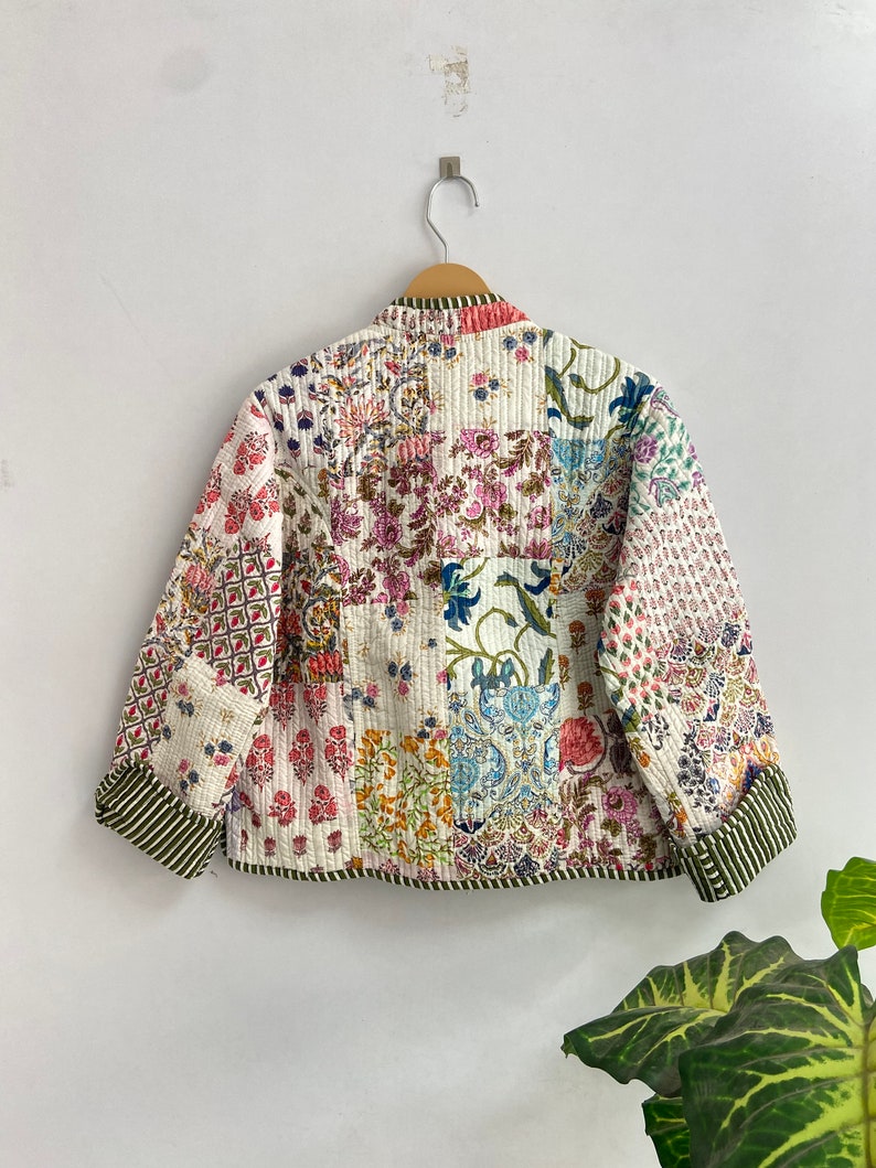 Patchwork Cotton Quilted Jacket Bohemian Winter wear Coat Reversible Short Jacket For Women's Handmade Stripe Piping Coat Boho New Style image 8