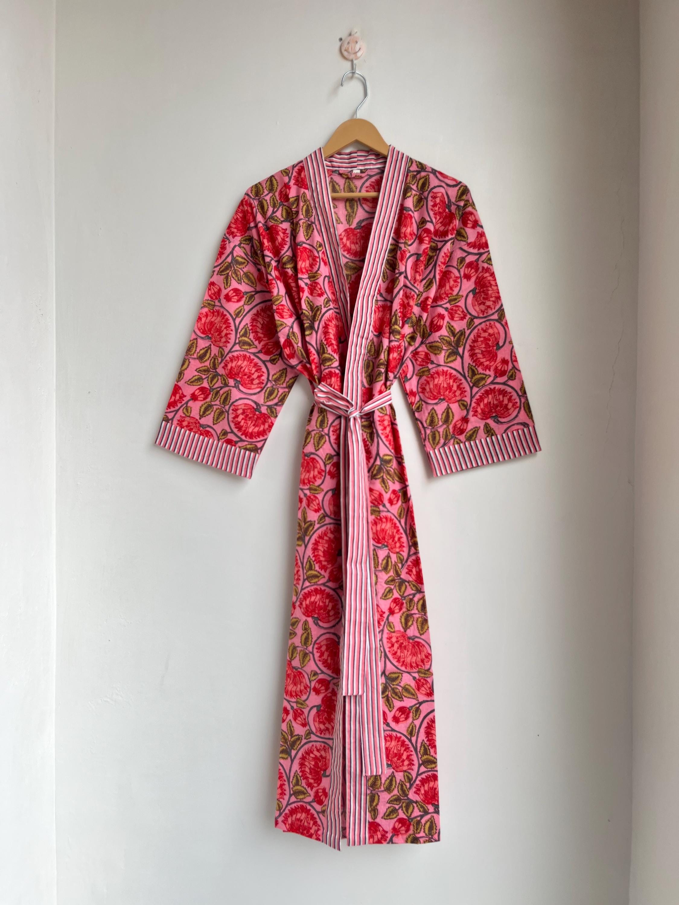 Indian Handmade Pure Cotton Robe With Belt Bridesmaid Cotton Kimono One Size Kimono Bathrobe Soft and Comfortable Nightwear Women Gown