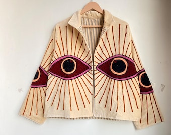 Velvet Suzani Embroidered Jacket, Evil Eye Boho Coat