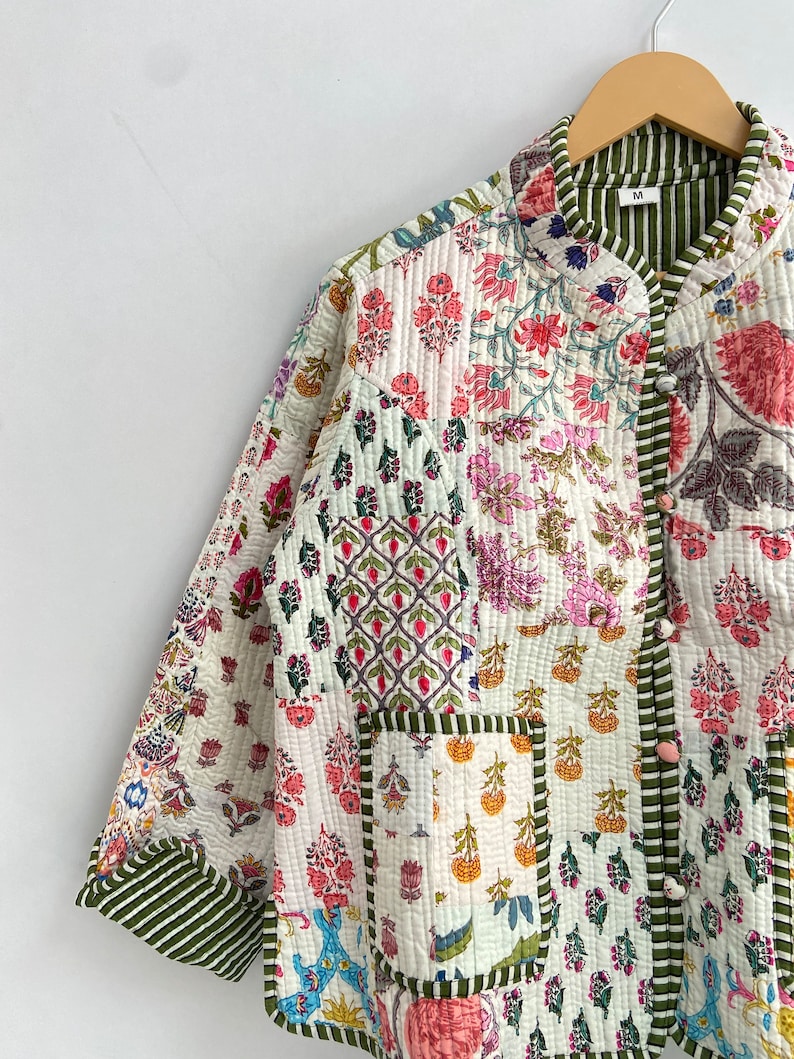 Patchwork Cotton Quilted Jacket Bohemian Winter wear Coat Reversible Short Jacket For Women's Handmade Stripe Piping Coat Boho New Style image 5