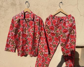 Block Print Cotton Pajama Set: Indian Handmade Pj Set, Bridesmaid Pj's