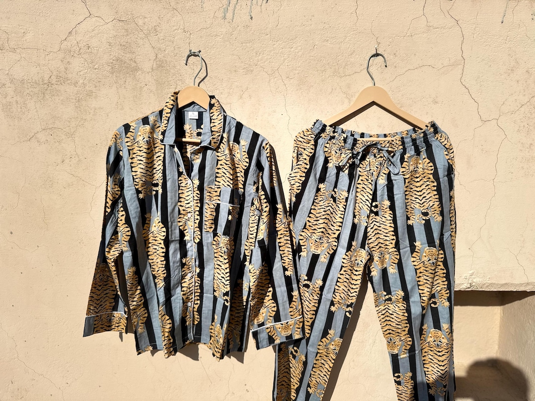 Tapir Pyjamas Striped Tiger Print Cotton Pajama Set, Comfy Loungewear Matching Pj's ...