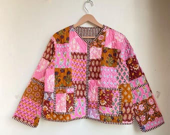 Indian Handmade Patchwork Cotton Quilted Jacket, Vintage Peach New Style Cotton Quilted Jacket, Reversible Women's Boho Coat, Gift for Her