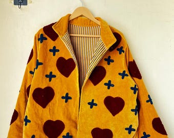 Velvet Heart & Cross Embroidery Jacket, Boho Style Velvet Suzani Jacket, Reversible Jacket, Winter Coat, Women's Velvet Suzani Coat