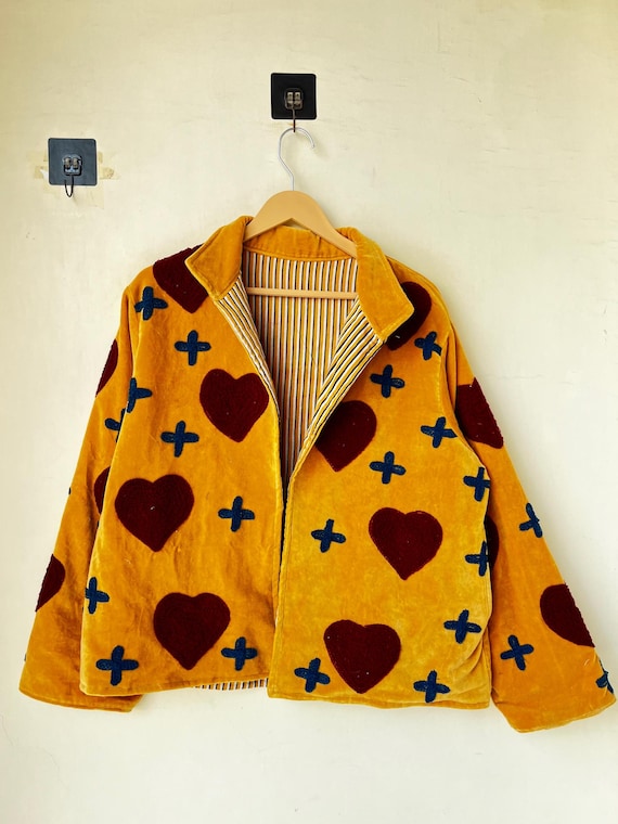 Velvet Heart & Cross Embroidery Jacket, Boho Style Velvet Suzani Jacket, Reversible Jacket, Winter Coat, Women's Velvet Suzani Coat