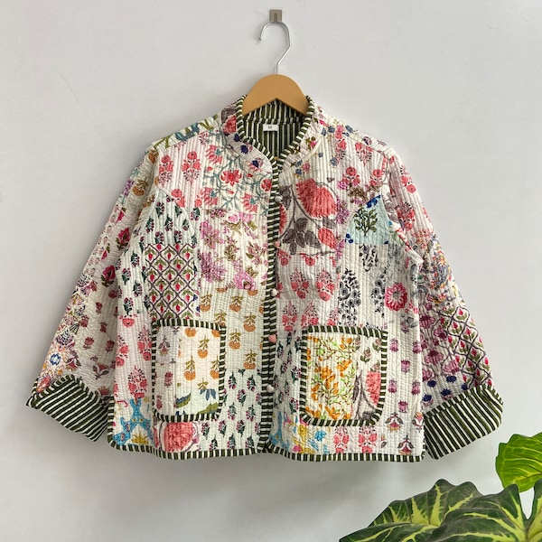 Chaqueta acolchada de algodón con patchwork, estilo bohemio, para invierno, reversible, corta, hecha a mano, con ribete de rayas, estilo bohemio.