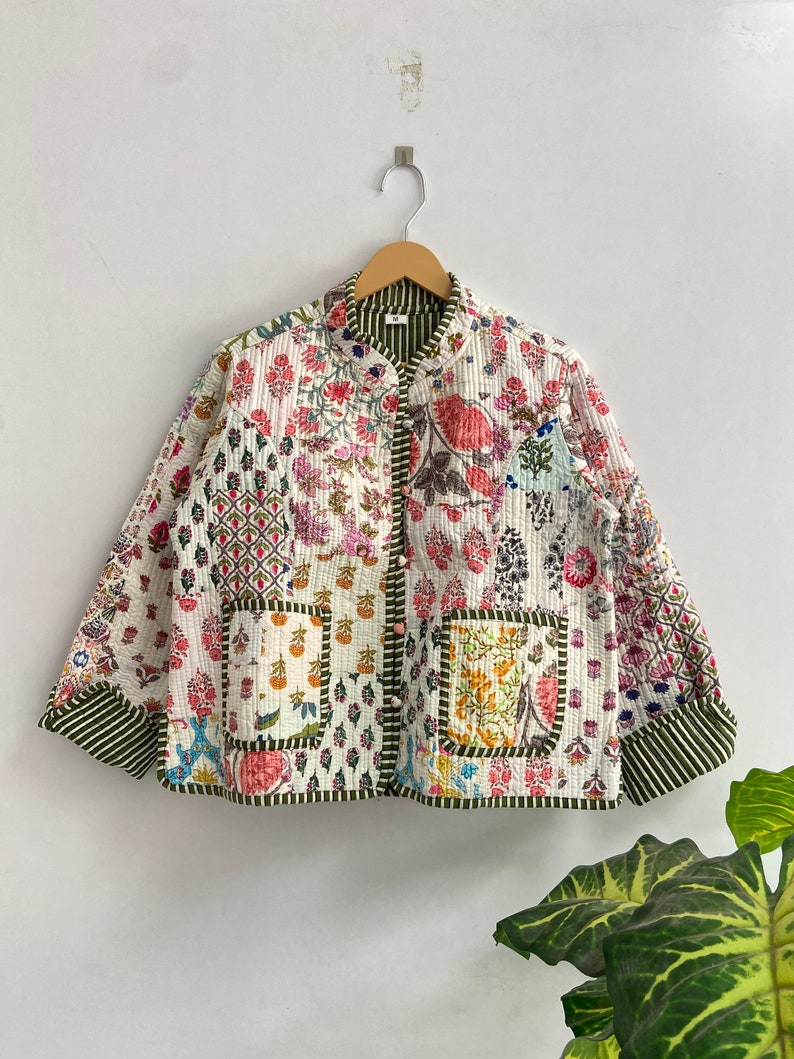 Patchwork Cotton Quilted Jacket Bohemian Winter wear Coat Reversible Short Jacket For Women's Handmade Stripe Piping Coat Boho New Style image 1