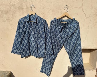Indigo Print Baumwolle Pyjama Set, Sommer Baumwolle Pj's, Passende Pyjamas