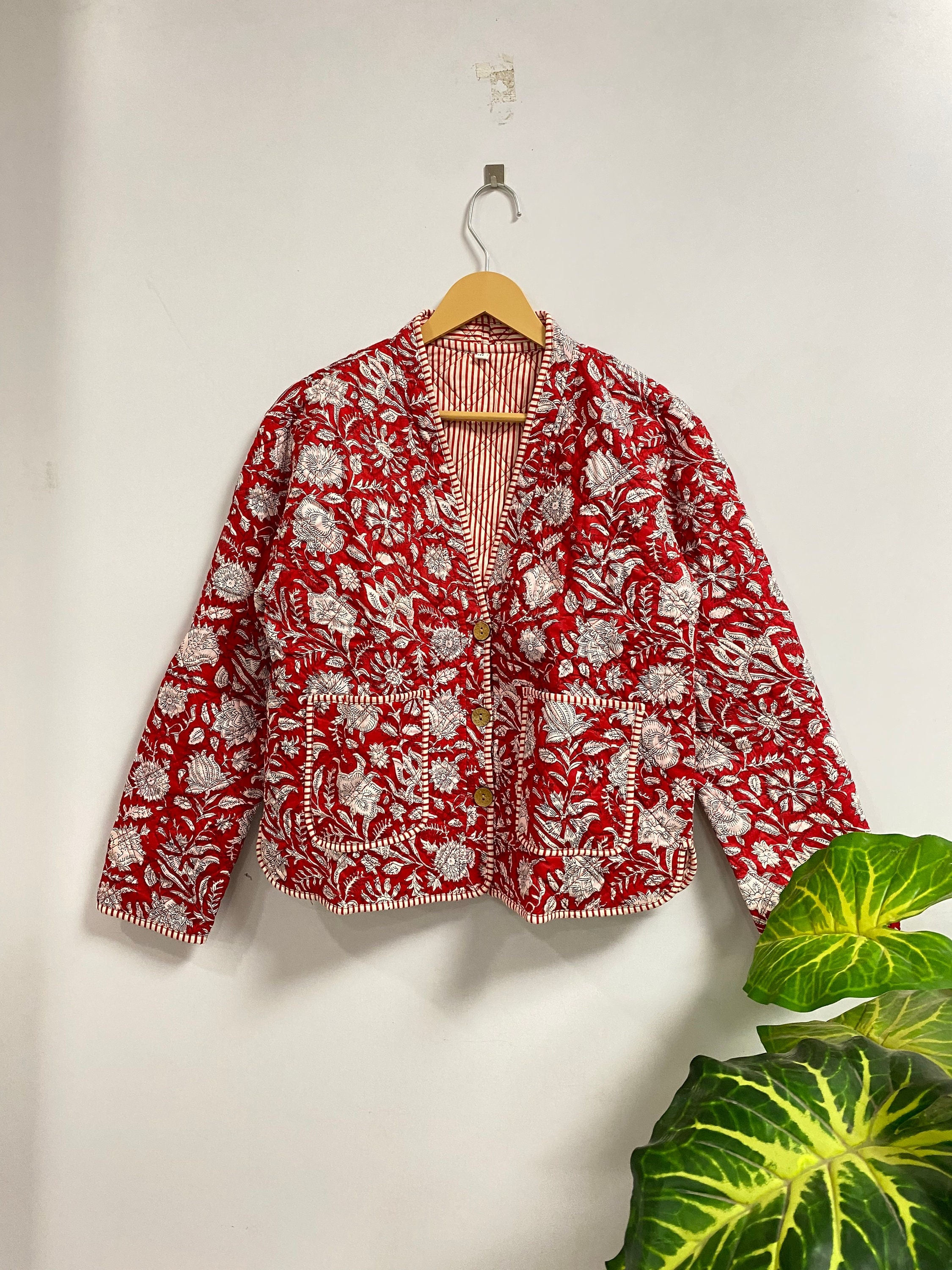 Cotton Block Print Red Coat Indian Handmade Cotton Quilted Jacket Women Wear Front Open Short Jacket Party Wear Cotton Coat Gifts For Her