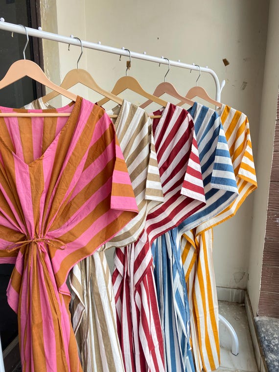 100% Cotton Kaftan, Striped Print Kaftan, Nightwear Sleepwear Cotton Maxi Dress, Cotton Beach Dress, Womens Kaftan