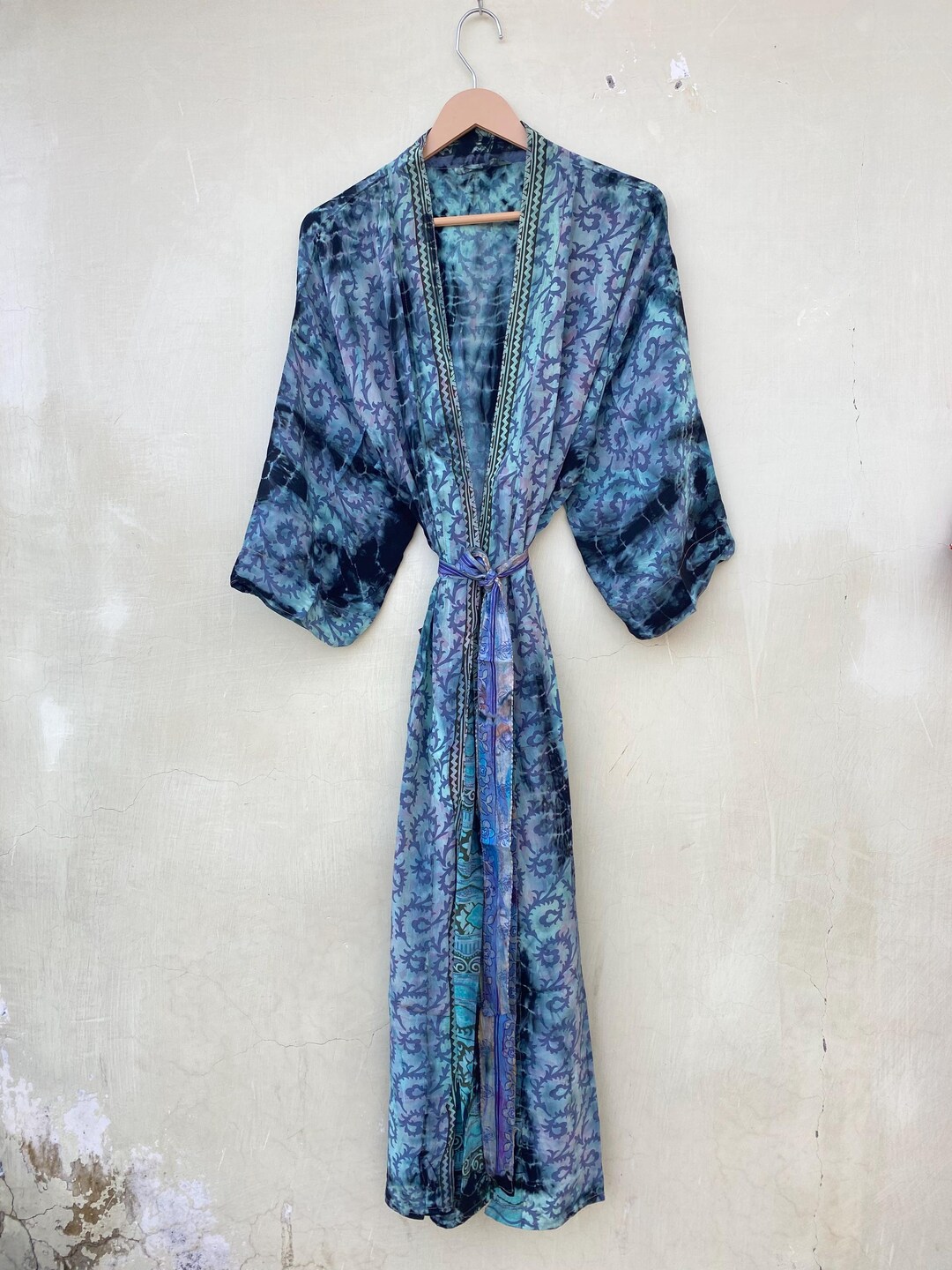 Sky Blue Pattern Robe Sky Blue Tie Dye Silk Kimono Robe, Lounge Wear Kimono Silk Dress ...
