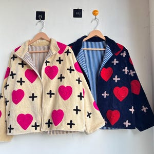 Velvet Trendy Heart Pattern Suzani Jacket, Reversible Jacket, Handmade Velvet Jacket with Heart & Cross Embroidery, Boho Love Winter Coat