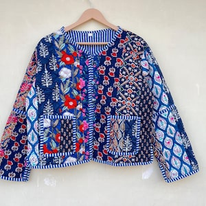Blue Patchwork Cotton Quilted Jacket, Bohemian Reversible Coat