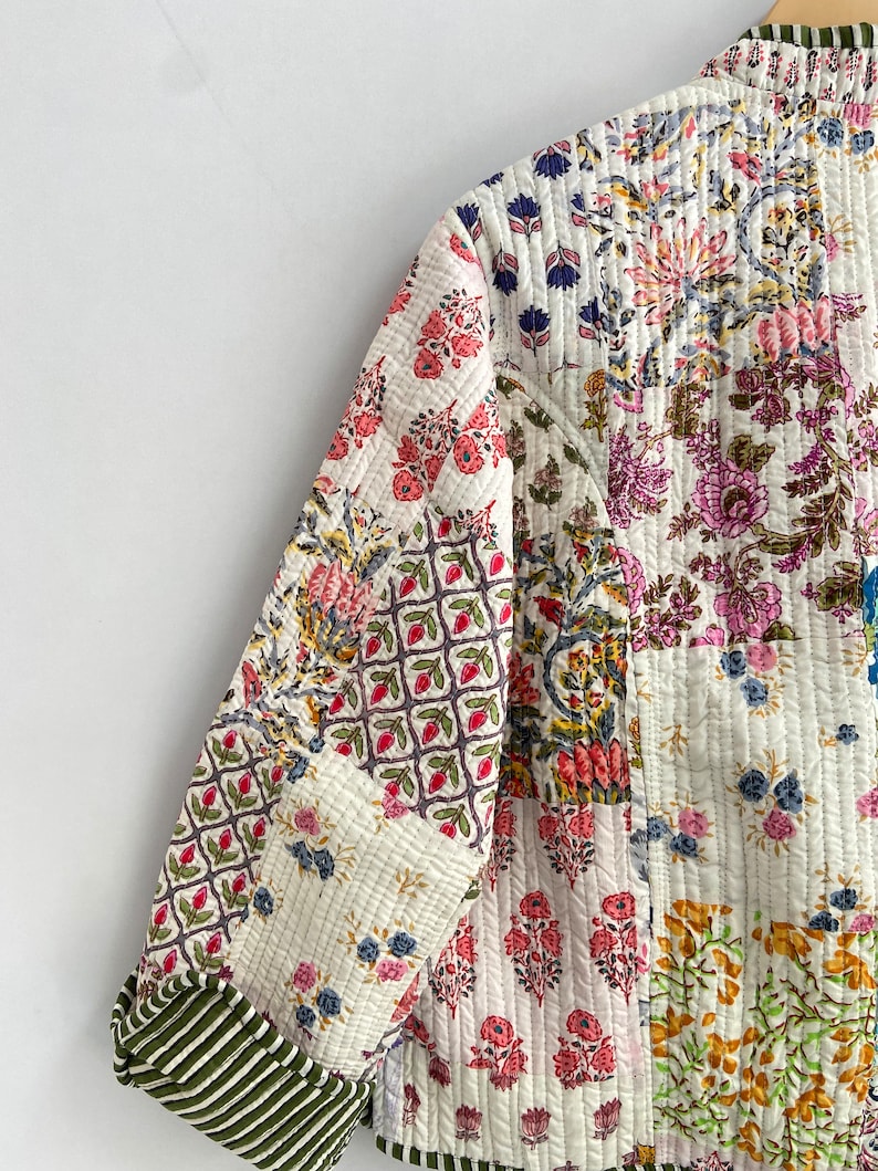 Patchwork Cotton Quilted Jacket Bohemian Winter wear Coat Reversible Short Jacket For Women's Handmade Stripe Piping Coat Boho New Style image 10