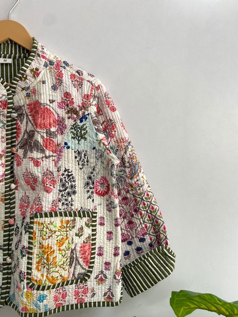 Patchwork Cotton Quilted Jacket Bohemian Winter wear Coat Reversible Short Jacket For Women's Handmade Stripe Piping Coat Boho New Style image 7