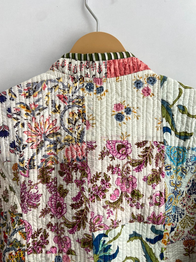 Patchwork Cotton Quilted Jacket Bohemian Winter wear Coat Reversible Short Jacket For Women's Handmade Stripe Piping Coat Boho New Style image 9