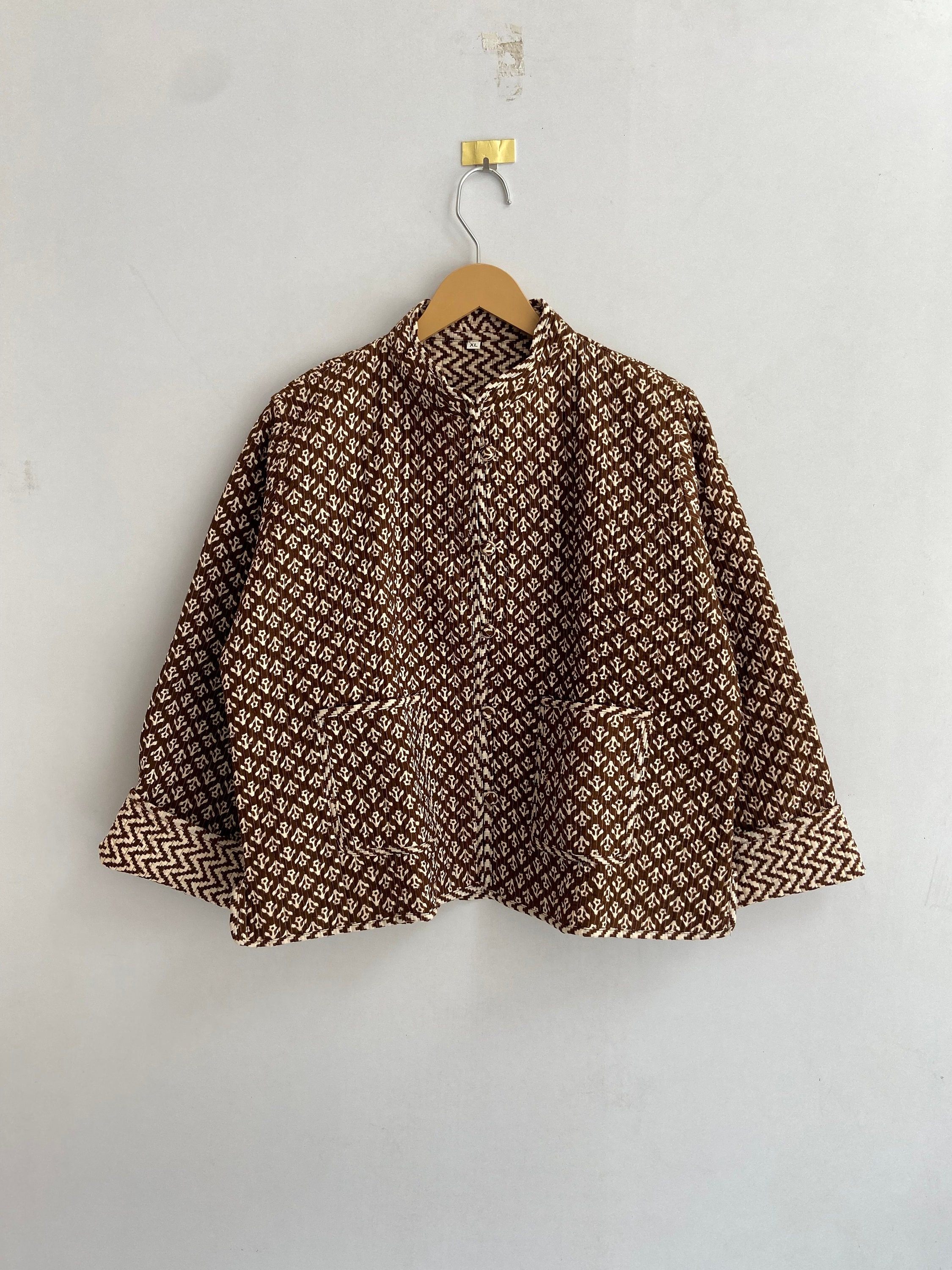Hand Stitched Brown Indigo Jacket Cotton Quilted Winter Coat Indian Reversible Fashion Short Jacket For Women Party Wear Quilted Jacket