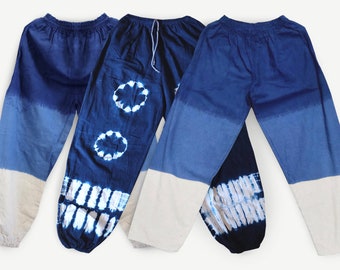 INDIGO COTTON PANTS | Handmade Thai Natural Plant Tie Dye Trouser | Blue Harem Fisherman Pant From Thailand | Straight Leg Joggers Gift Idea