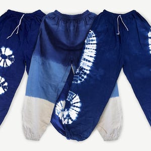 INDIGO COTTON PANTS | Handmade Plant Dye Fisherman Joggers | Elephant Tie Drawstring Trousers | Unique Made in Thailand Eco Sweatpants