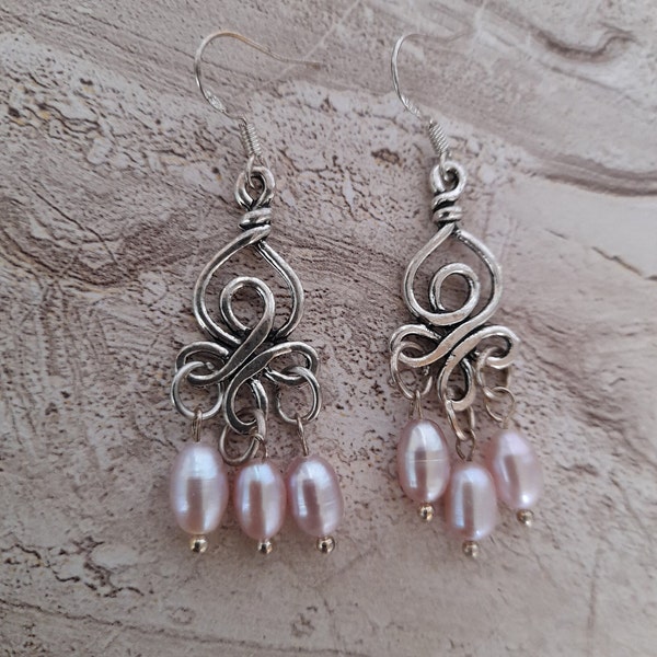 Freshwater Pearl Chandelier Earrings | Natural Pearl Earrings | Iridescent Pink pearls | Antique Silver  Earrings | Gift for Her