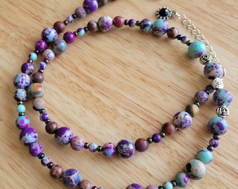 Collier de perles de jaspe sédiment marin violet : pierre précieuse curative réglable