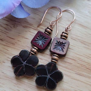 Czech Glass Flower Earrings: Copper Dangle, Bohemian Style