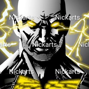 May include: A digital illustration of a stern-faced character with glowing yellow eyes and lightning bolts. The image is primarily black and white with yellow accents. The text "Nickarts" is overlaid on the image.