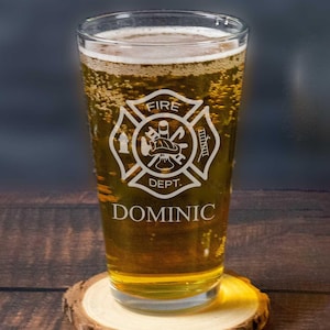 Firefighter Pint Glass Custom Engraved with Maltese Cross | Fireman Gift