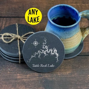 Custom Engraved Lake Map on Slate Coasters. Housewarming Gift, Lake house Decor