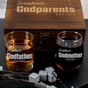 Godparents Proposal Whiskey and Wine Glass in a Wood Gift Box | Godfather Gift | Godmother Gift