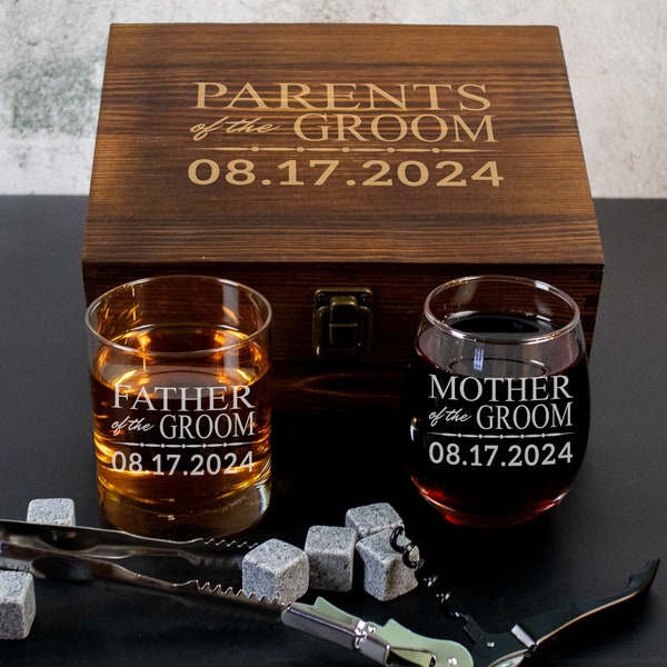 Gift for Parents of the Bride or Groom | Engraved  Whiskey and Wine Glass in a Wood Box | Father of the Bride | Mother of the Bride or Groom