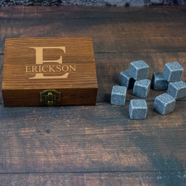 Whiskey Stones, Set of 9 in a personalized wood box | Gift for Him | Gift for Grandpa