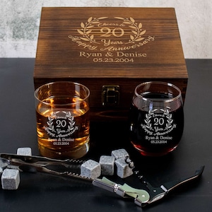 Personalized Anniversary Whiskey and Wine Glass Gift Set in Engraved Wood Box | Happy Anniversary