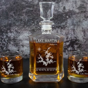 Lake Martin, Alabama Custom Lake Map Engraved on Whiskey Decanter Gift Set | Gift for a Man
