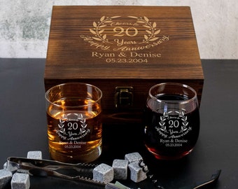 Personalized Anniversary Whiskey and Wine Glass Gift Set in Engraved Wood Box | Happy Anniversary