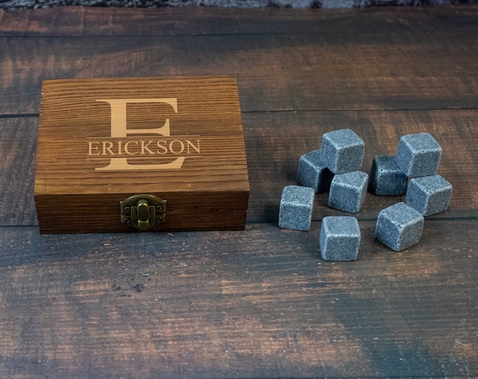Whiskey Stones, Set of 9 in a personalized wood box | Gift for Him | Gift for Grandpa