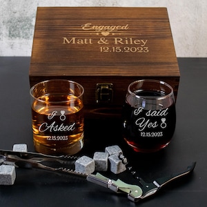 Engraved Engagement Whiskey and Wine Glass in a Wood Box. Personalized Gift for the Couple