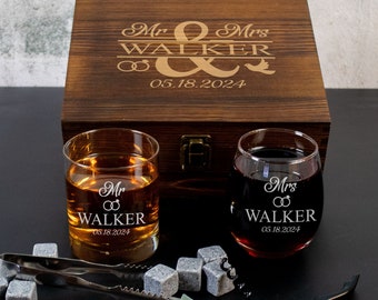 Mr and Mrs Whiskey and Wine Glass Gift Set in Engraved Wooden Box