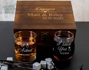 Engraved Engagement Whiskey and Wine Glass in a Wood Box. Personalized Gift for the Couple