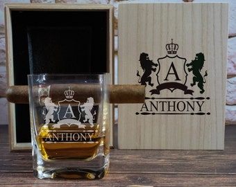 Custom Cigar Whiskey Glass with Cigar Holder in Gift Box | Engraved Gift for Dad | Gift for Grandfather | Square Whiskey Cigar Holding Glass
