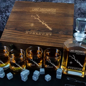 Lake Greenwood, South Carolina Custom Map Engraved on Whiskey Decanter Gift Set | Lake House Gift | Housewarming Gift