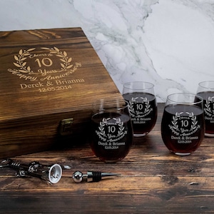 Personalized Anniversary Wine Glass Gift Set in an Engraved Wooden Gift Box | 19 oz Wine Glasses for Him and Her
