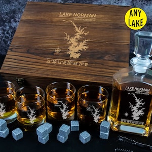 Any Lake Custom Engraved Lake Map Whiskey Decanter Gift Set with 4 Glasses and Stones in Wood Box, Lake House Gift, Birthday Present