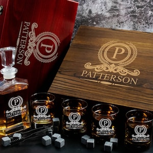 Home Closing Gift | Custom Housewarming Bourbon Decanter and 4 Glasses in Wood Gift Box | New Home Buyer