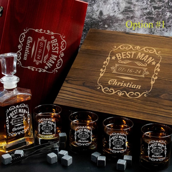 Custom Engraved Wooden Box for Best Man or Groomsman | Personalized Whiskey Decanter Gift Set with 4 Glasses | Best Man Proposal Gift