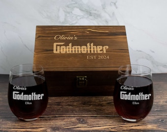 Godmother Proposal Gift | Engraved Wooden Box with 2 Wine Glasses | Godmother or Madrina Engraving