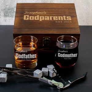 Godparents Proposal Whiskey and Wine Glass in a Wood Gift Box | Godfather Gift | Godmother Gift