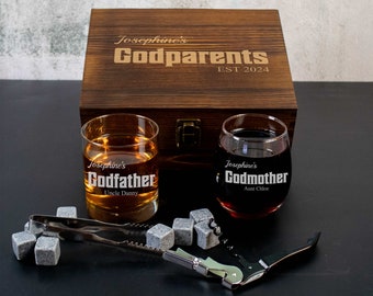 Godparents Proposal Whiskey and Wine Glass in a Wood Gift Box | Godfather Gift | Godmother Gift